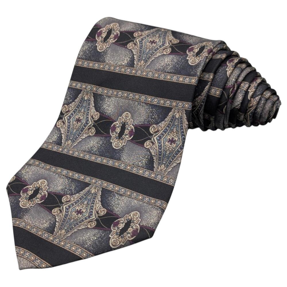Vintage Cambridge Classics Tie 57" Wide Mens Silk‎ Baroque Art Decco Black Gray